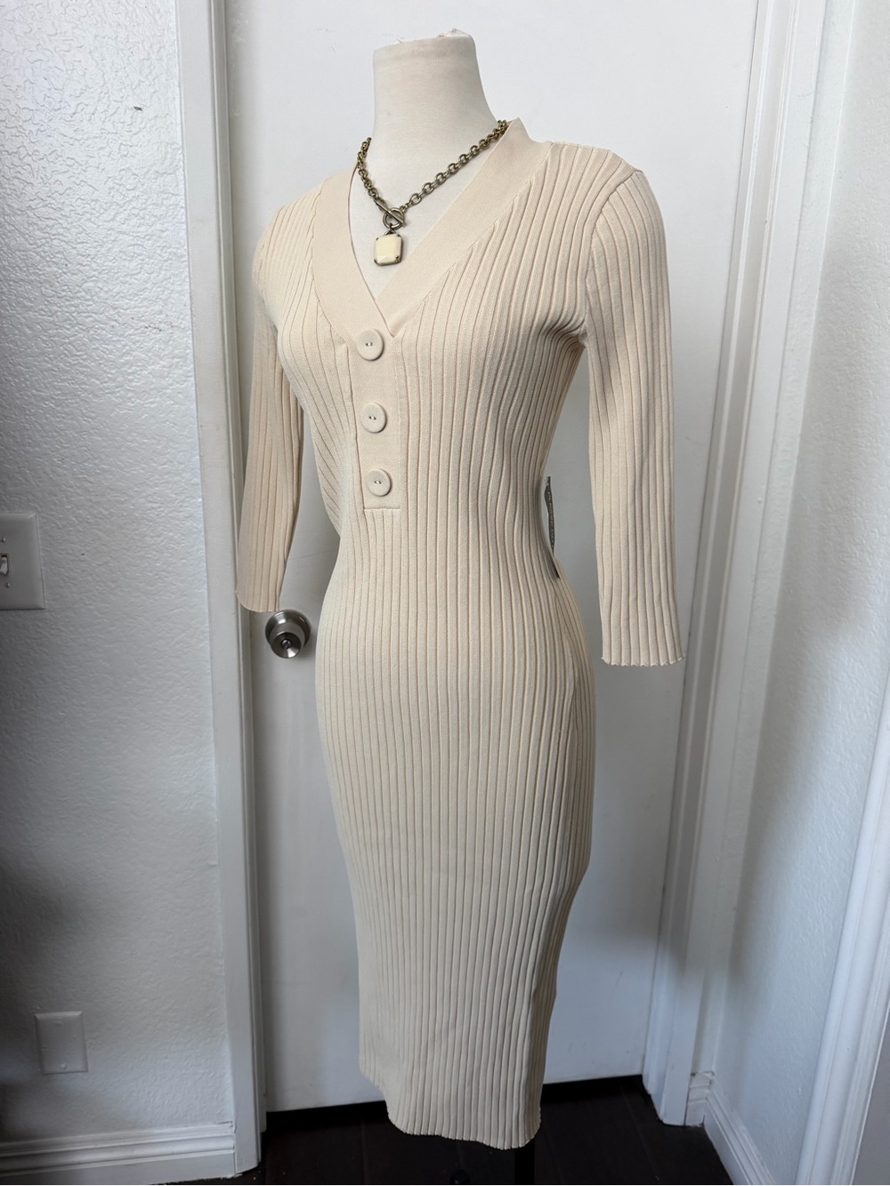 eva mendes for New York & Company Cream Ribbed V-Neck Button Midi Dress